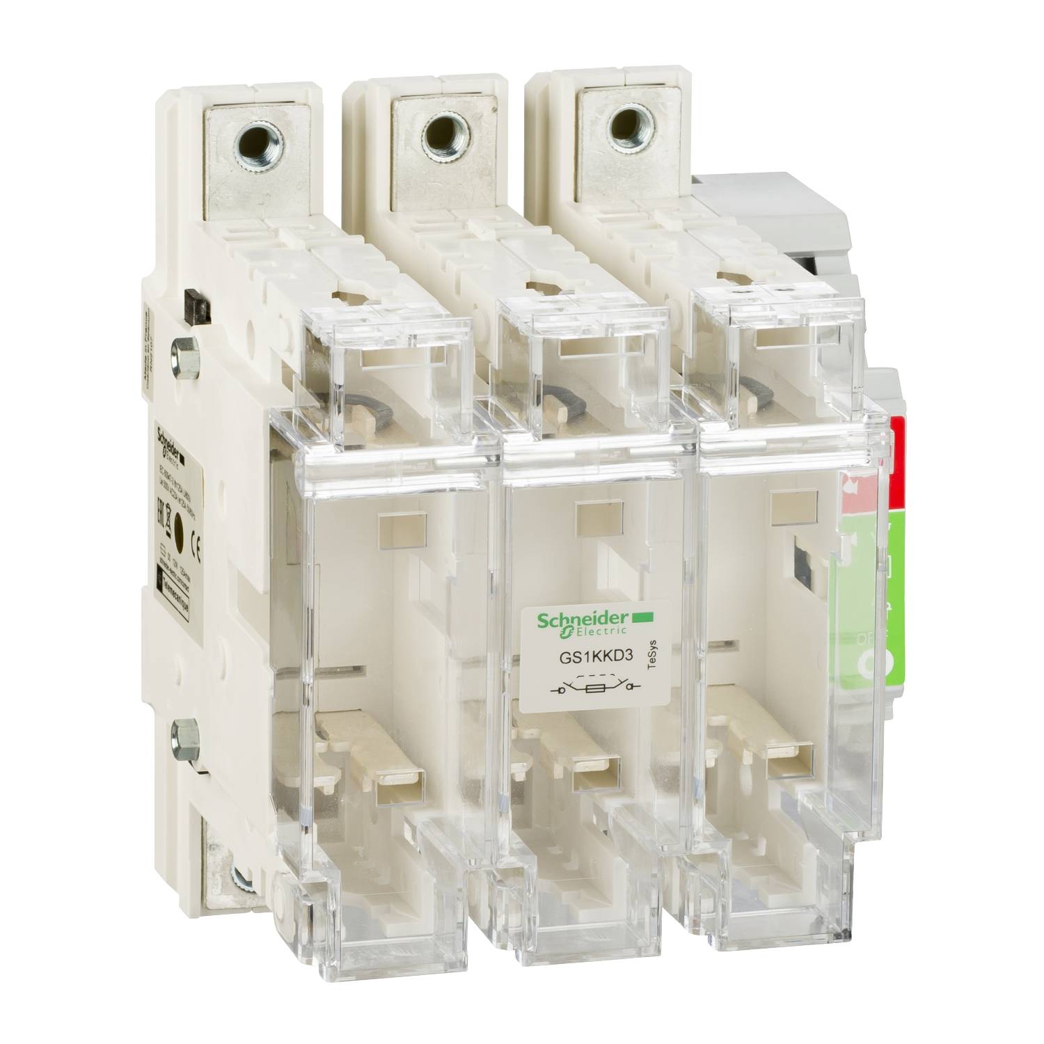 Un disjoncteur tripolaire de Schneider Electric, modèle GS1K. Il présente trois barrettes de connexion transparentes et des détails d'étiquetage.