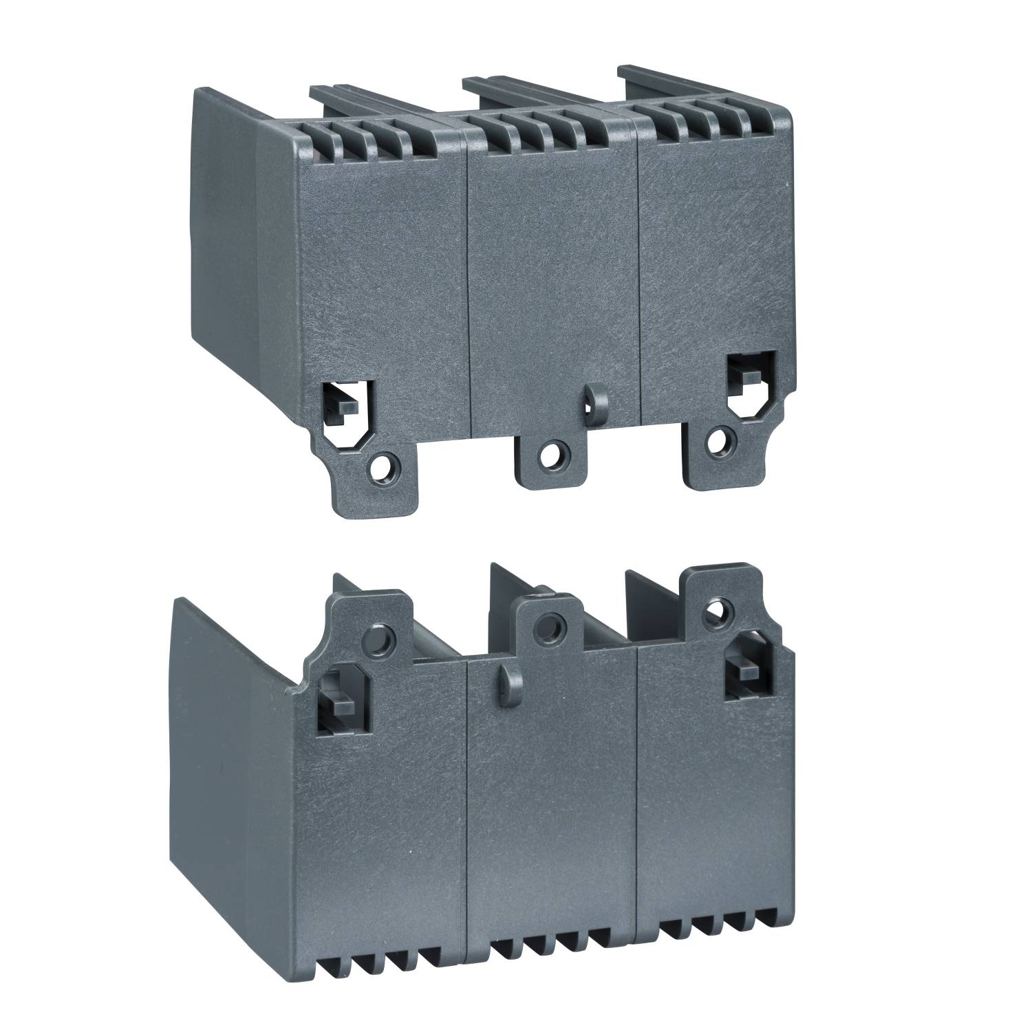 Deux pièces rectangulaires en plastique noir avec des attaches latérales et des ouvertures, probablement conçues à des fins de fixation.