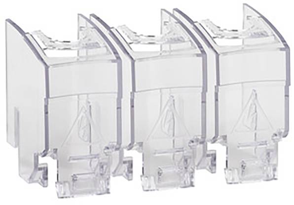 Trois connecteurs en plastique transparents alignés, utilisés pour relier des câbles ou des fils dans des installations électriques.