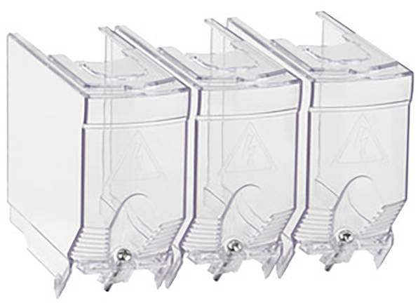 Trois contenants en plastique transparent, disposés côte à côte, pour recevoir de petits objets ou matériaux.