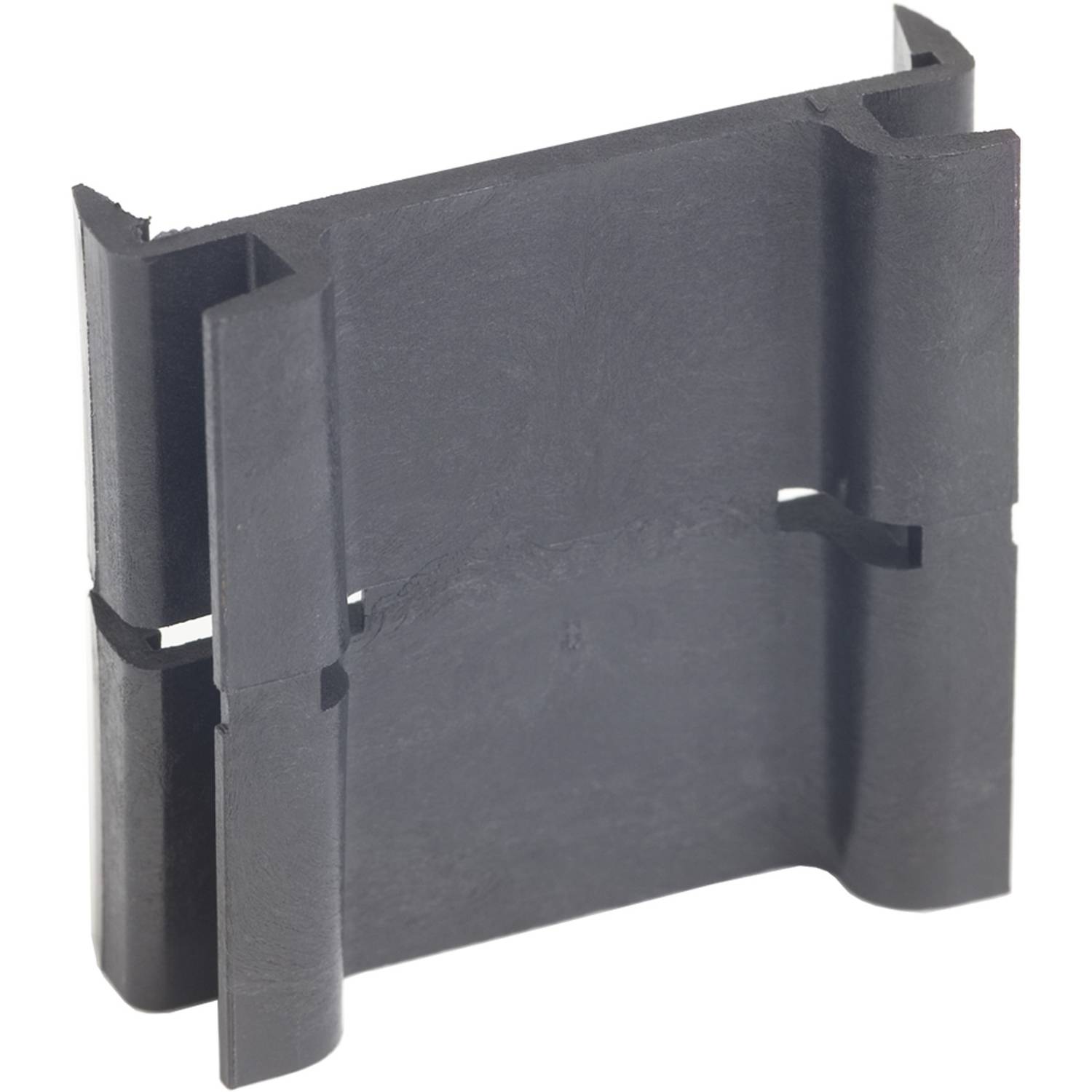 Barrette de fixation en plastique, rectangulaire, noire, avec possibilités de connexion latérales ; utilisée pour la fixation ou comme élément de jonction.