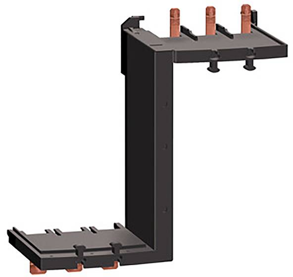 Une pièce en plastique noir en forme de L avec plusieurs points de fixation et trois vis orange vif sur sa surface supérieure.