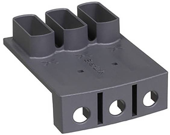 Pièce en plastique grise, rectangulaire, avec trois tubes creux verticaux rectangulaires en haut et trois trous ronds en bas, souvent utilisée comme borne de raccordement.