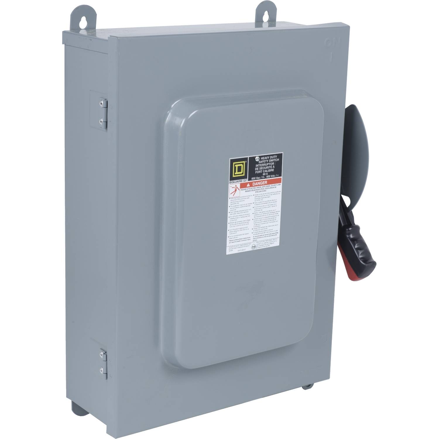 Interrupteur de sécurité électrique gris avec levier rouge, monté sur le mur, pour la mise en marche et l'arrêt des circuits électriques.