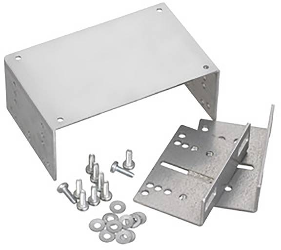 Ensemble de supports métalliques avec vis et rondelles, composé de deux équerres rectangulaires percées pour la fixation.