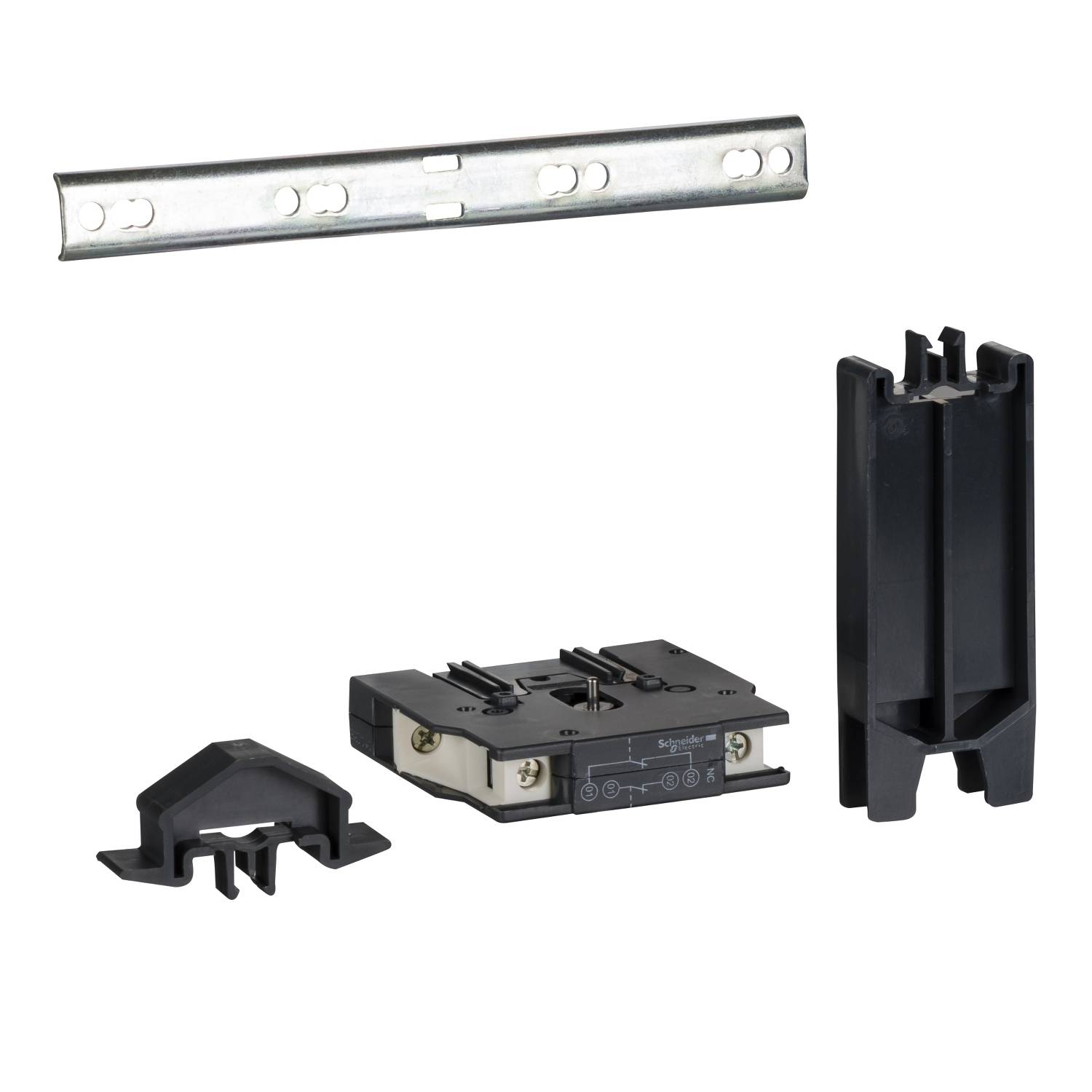 Rail électrique avec support et deux embouts de connexion noirs, adapté pour le montage et la connexion de composants électriques.