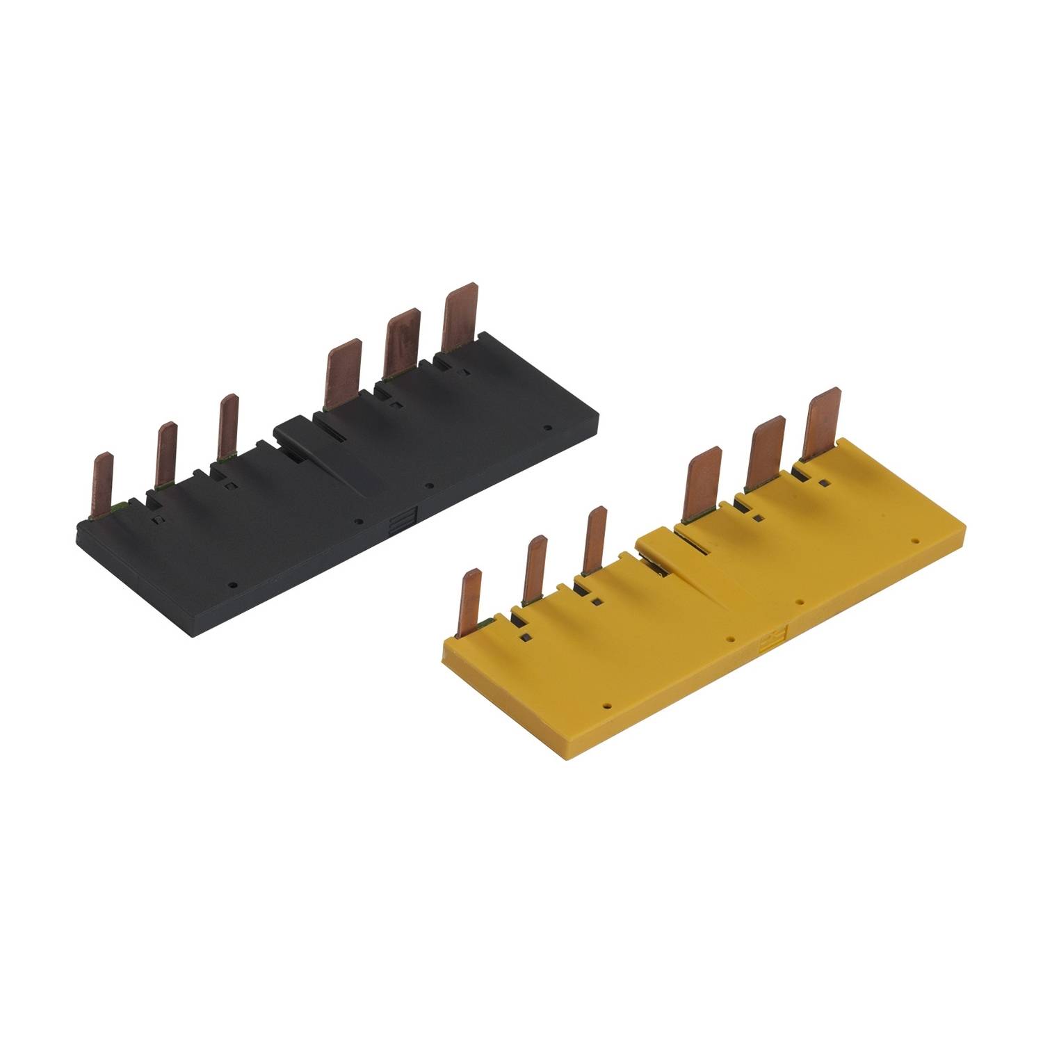 Deux bandes de plastique parallèles, l'une noire, l'autre jaune, avec des fentes métalliques verticales de différentes tailles.