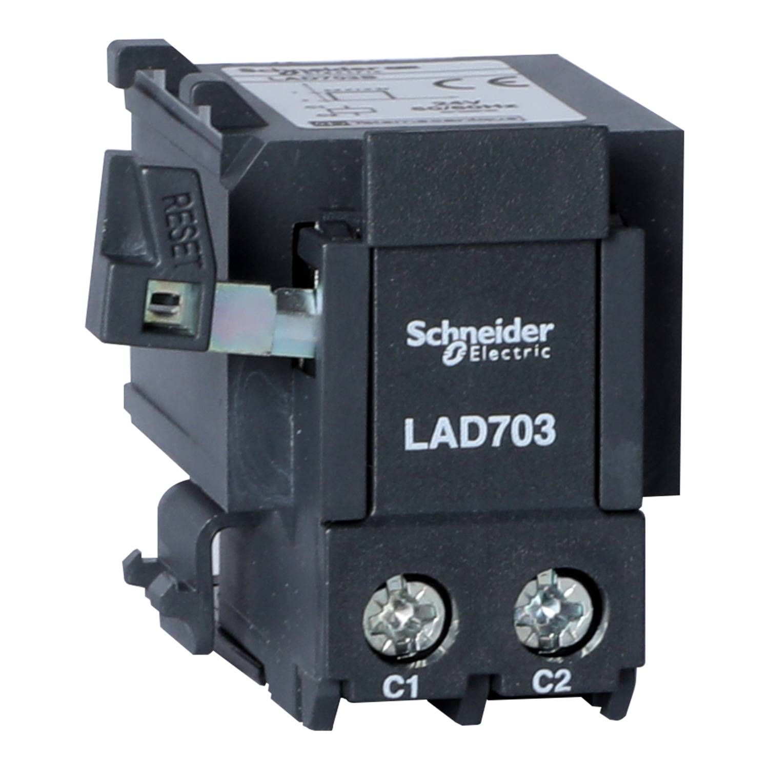 Interrupteur électrique de Schneider Electric, modèle 'LAD703', avec deux bornes de connexion C1 et C2.