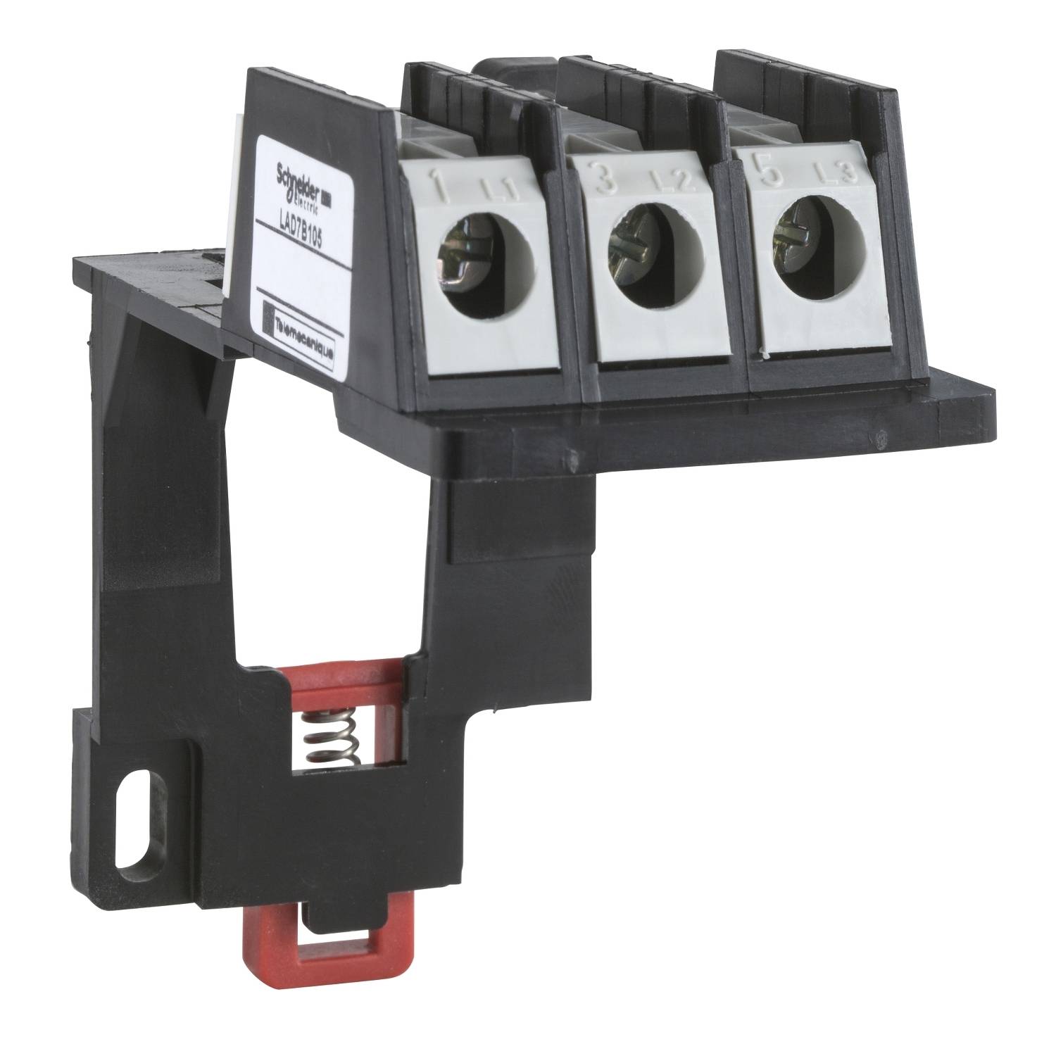 Un bloc de jonction électrique tripolaire de Schneider Electric, numéro de modèle LU9C1T03, avec un élément de fusible rouge en bas.