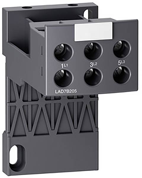 Accessoire de contacteur électrique gris avec plusieurs connexions de câbles, adapté pour une utilisation dans les systèmes de commande industriels.