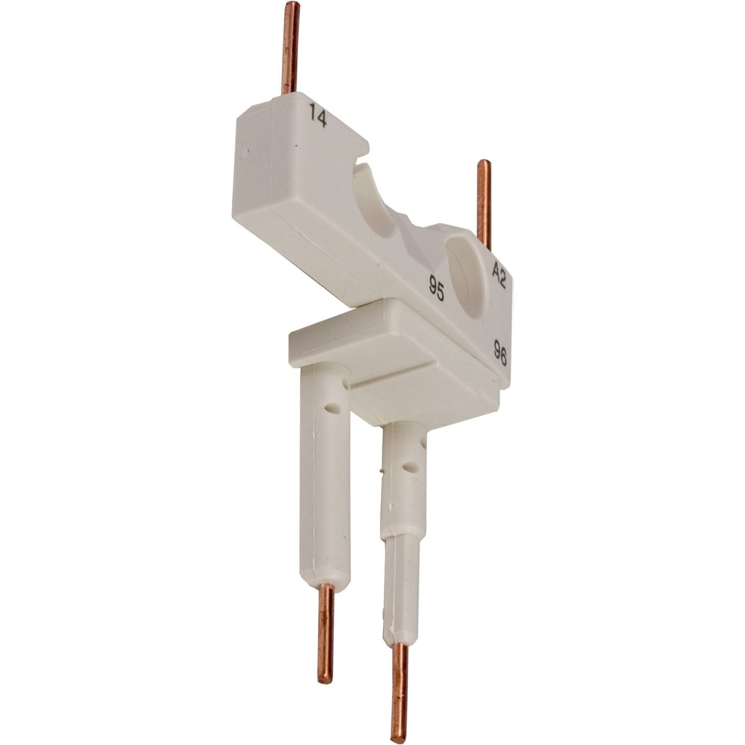 Deux électrodes avec isolant, adaptées pour l'allumage de brûleurs à gaz. Broches en cuivre aux extrémités avec un bloc isolant blanc au centre.