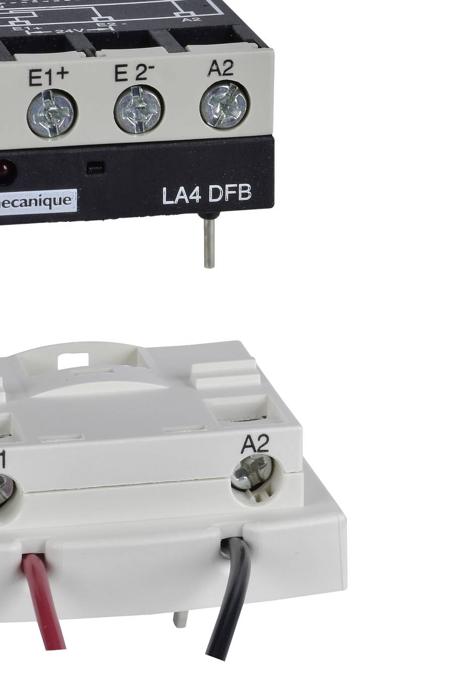 Module de relais électrique avec bornes à vis, étiqueté 'E1+', 'E2-', 'A2', 'LA4 DFB' et connexions de câbles en bas.