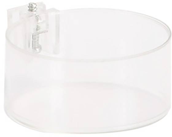 Récipient en plastique transparent et rond avec couvercle ouvert, adapté au rangement de petits objets ou de liquides.