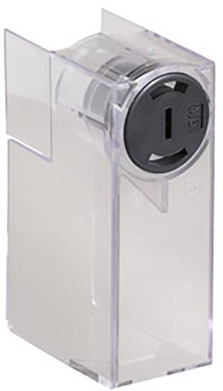 Boîte en plastique transparent avec un mécanisme de rotation noir circulaire sur le dessus, utilisée pour ranger de petits objets ou des pièces de monnaie.