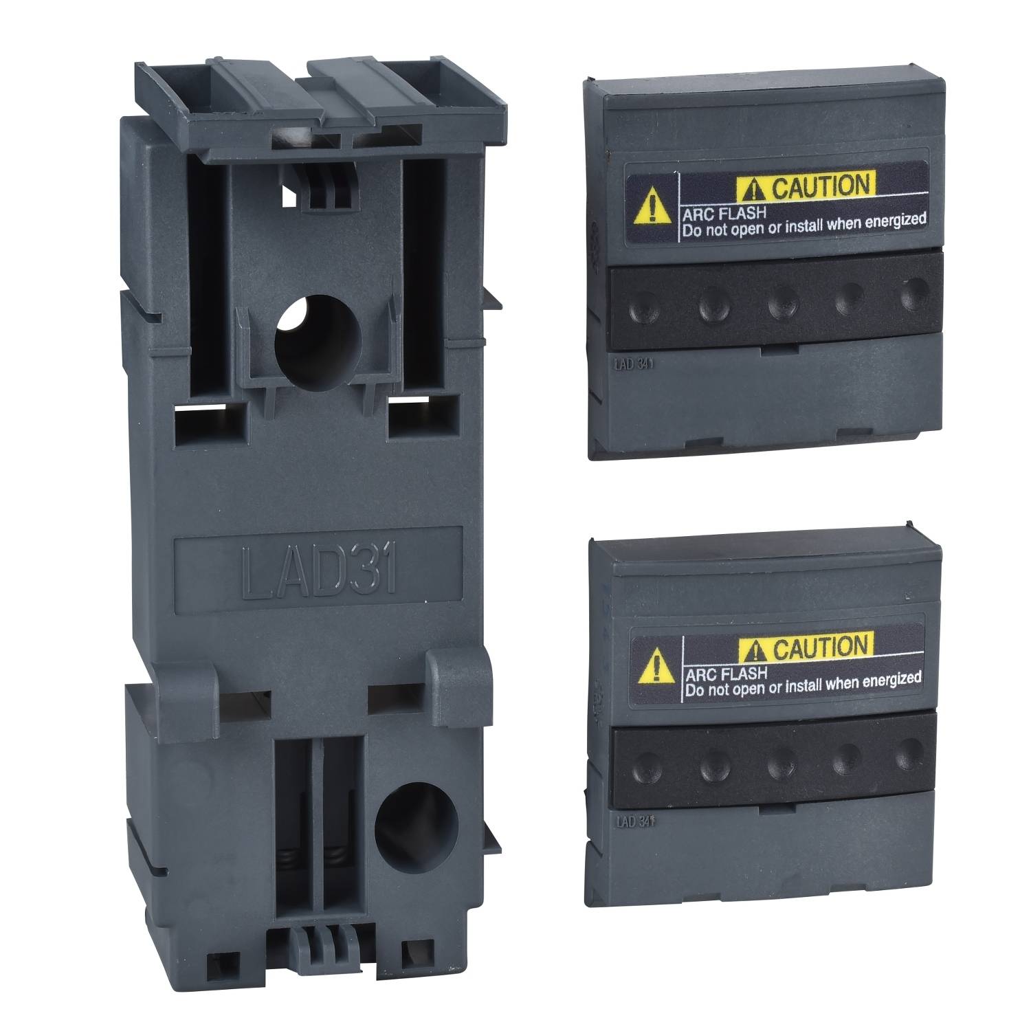 Un adaptateur électrique noir avec deux capots marqués 'Attention : Arc électrique'. Adapté pour les circuits électriques.