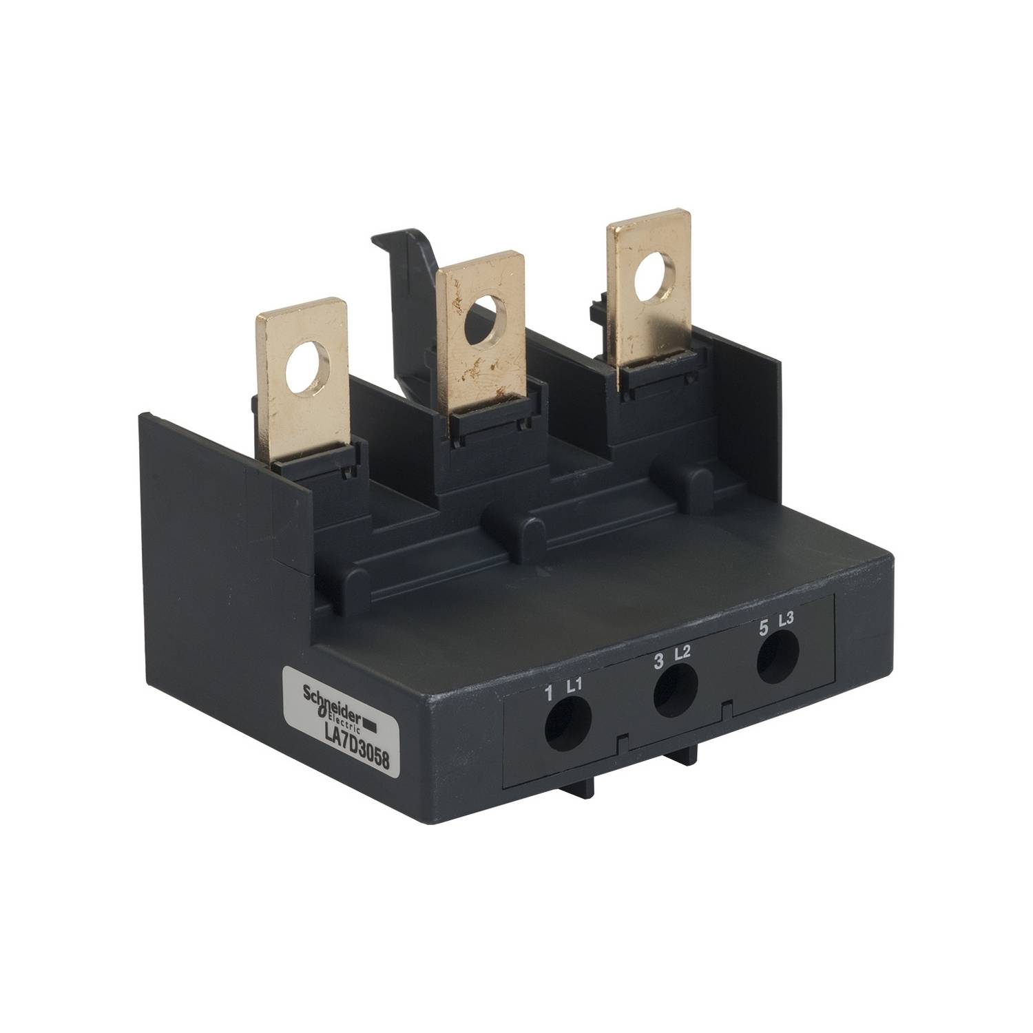Composant électrique Schneider Electric à trois points de connexion sur base noire, adapté aux systèmes d'installation.