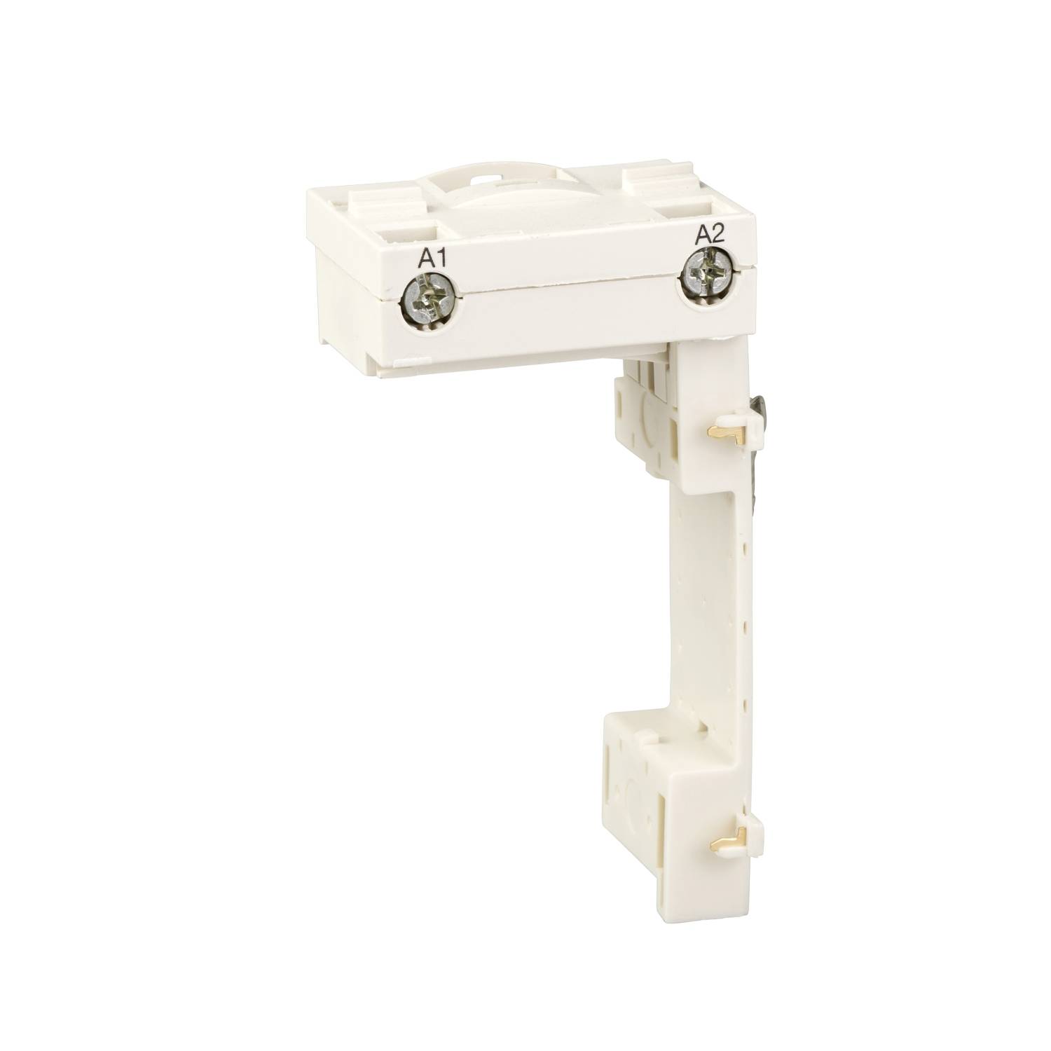 Socle en plastique blanc avec deux vis en haut, marqué 'A1' et 'A2'. Conçu pour des applications électriques ou électroniques.