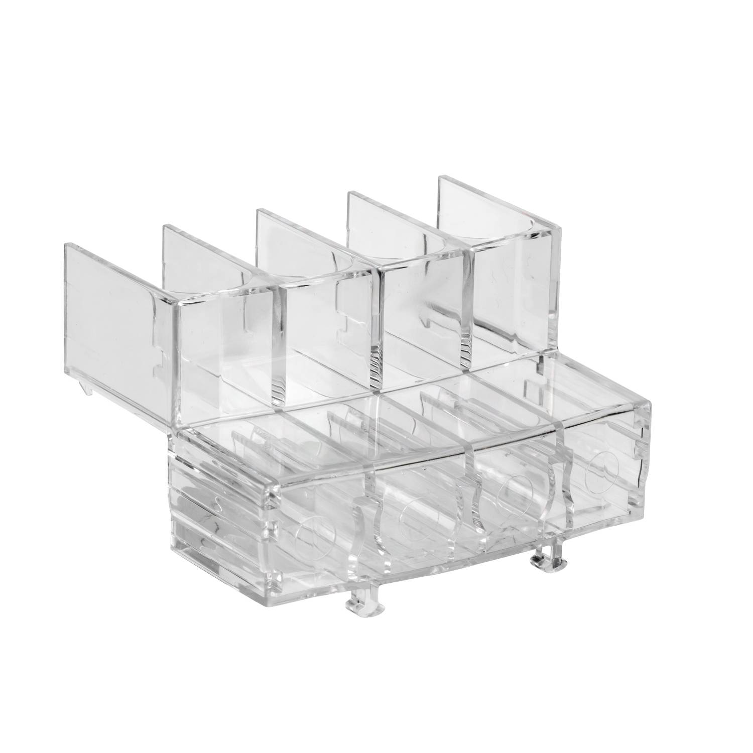 Organisateur transparent à quatre compartiments, en plastique, avec différents niveaux, idéal pour le rangement de petits objets ou accessoires.