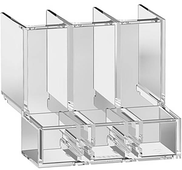Étagère en acrylique transparent à trois niveaux, avec des compartiments verticaux individuels pour le rangement de documents ou de courriers.