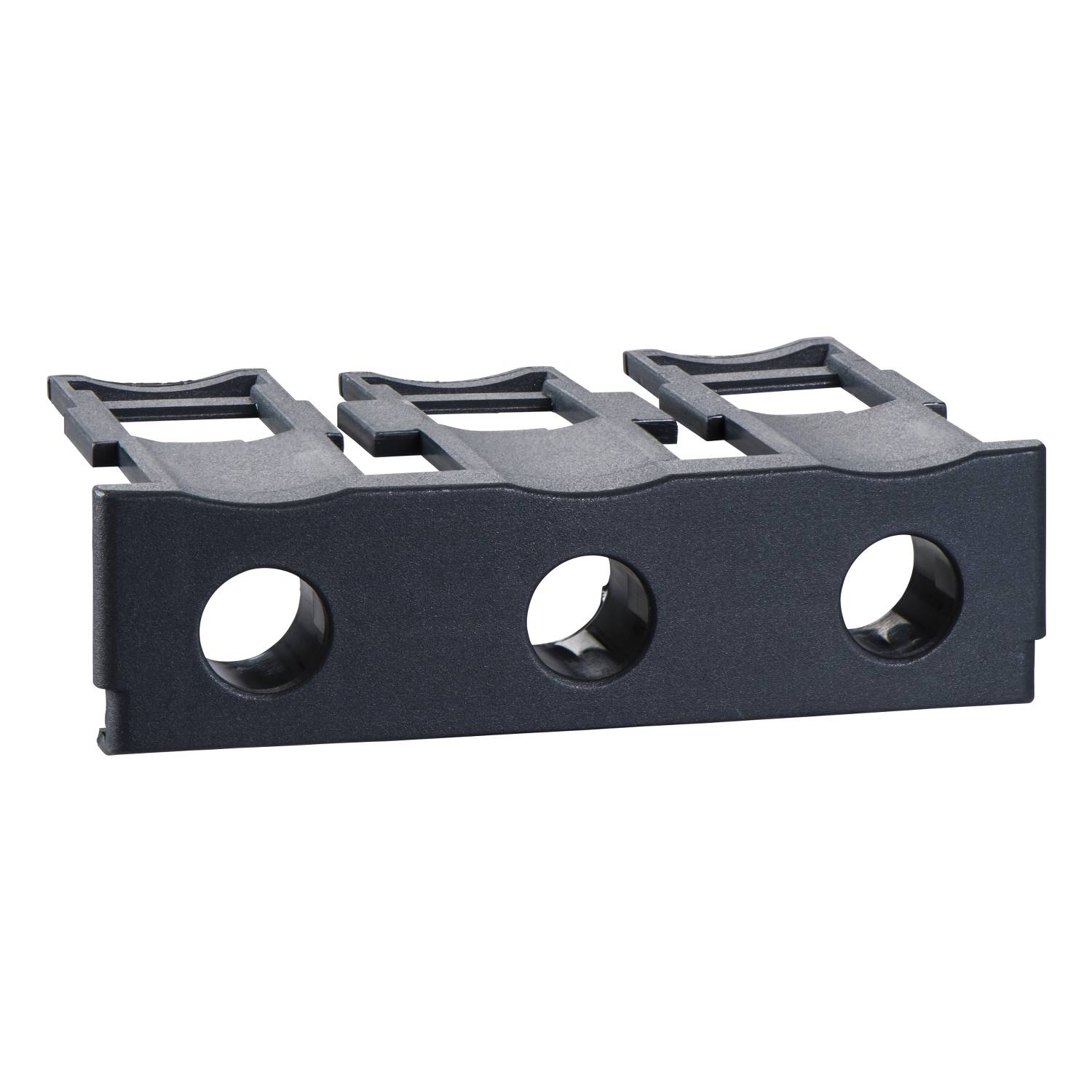 Un support de câbles noir en plastique avec trois fixations rondes pour l'organisation et le maintien des câbles dans les appareils électriques.