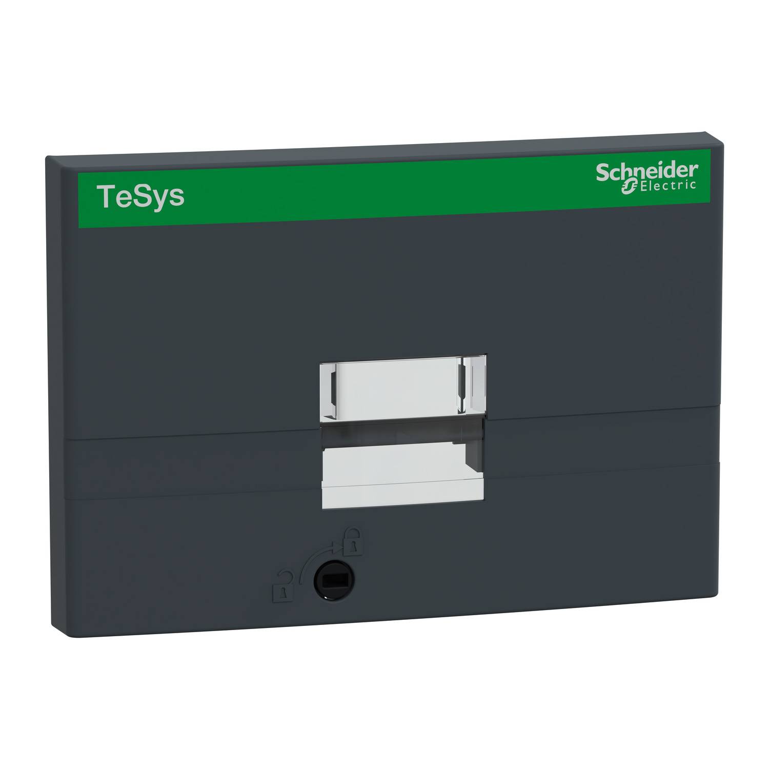 Module rectangulaire gris de Schneider Electric avec l'étiquette verte 'TeSys' en haut à gauche et un levier central.
