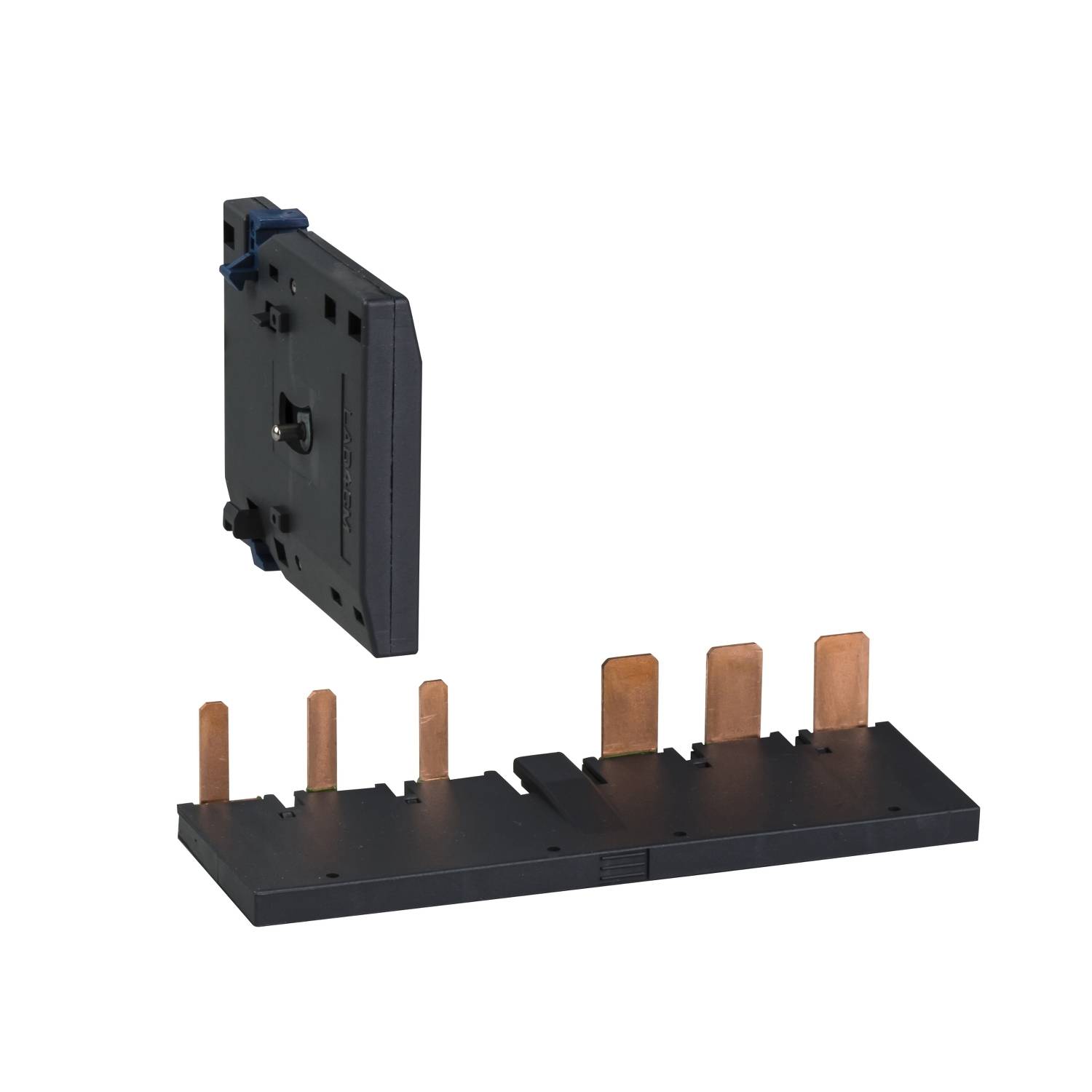 Composant électrique avec contacts en cuivre et support noir, adapté pour les installations électriques ou les armoires électriques.