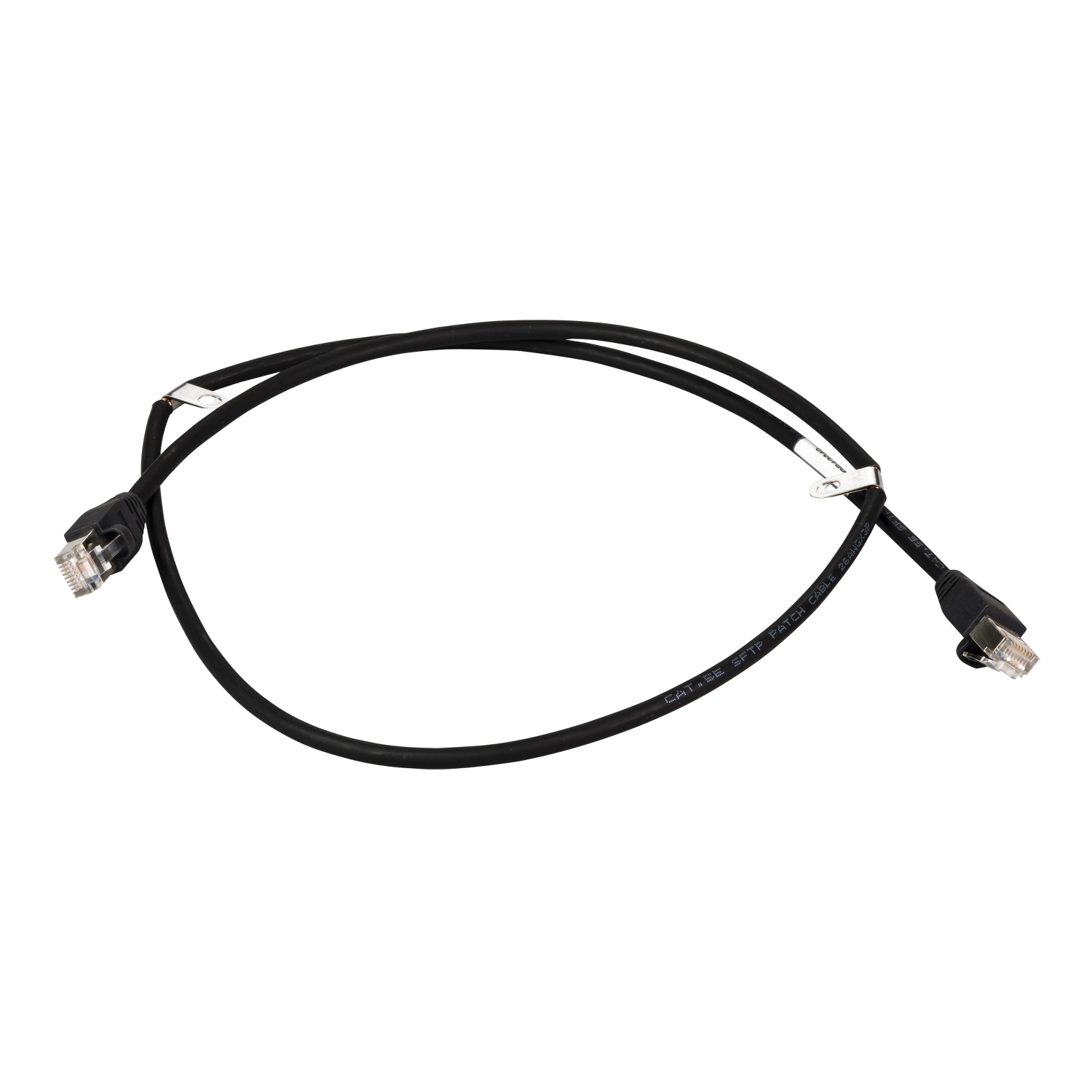 Un câble Ethernet noir avec des connecteurs RJ45 aux deux extrémités, idéal pour les connexions réseau.