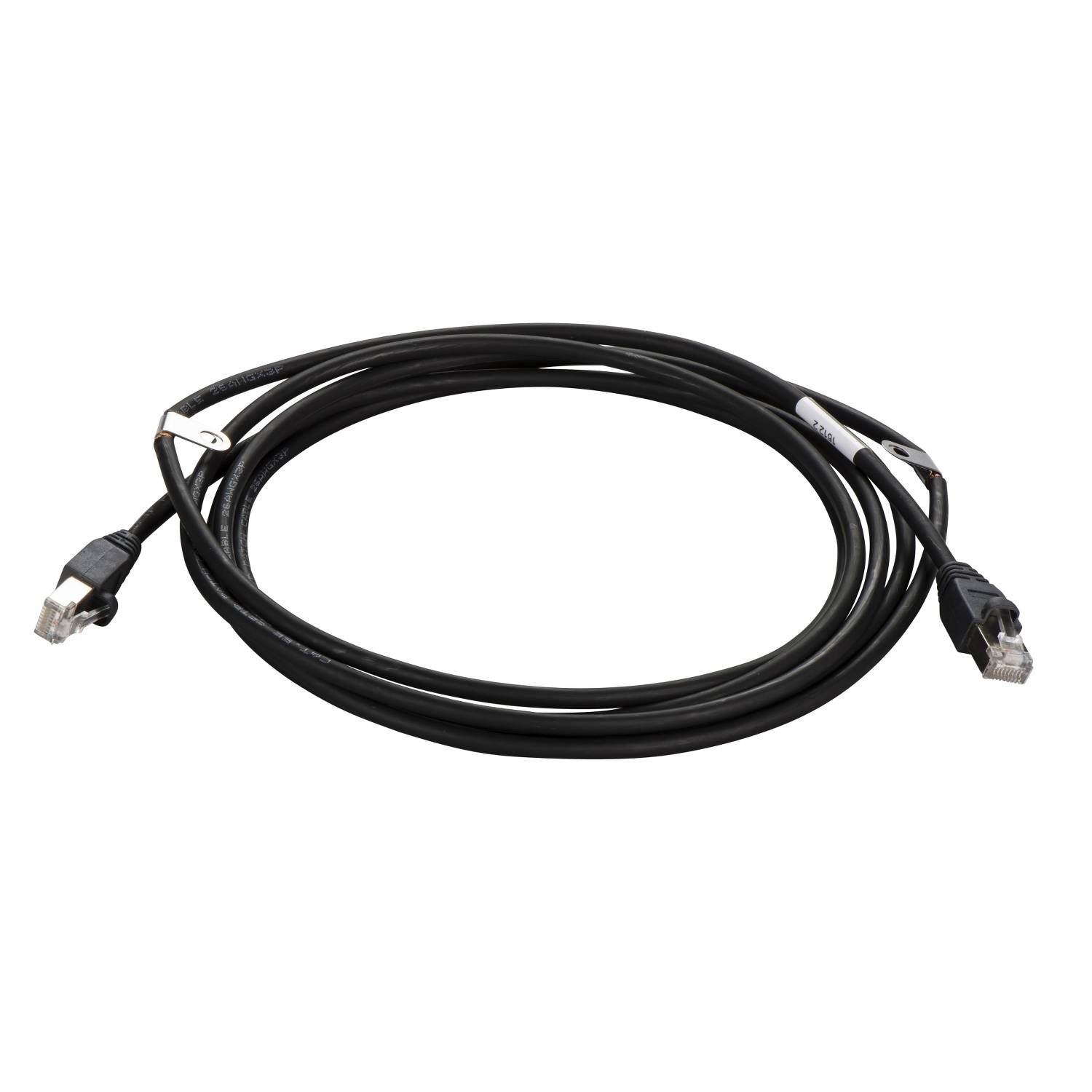 Un câble réseau noir avec deux connecteurs RJ45 aux deux extrémités, adapté pour les connexions Internet ou les installations réseau.