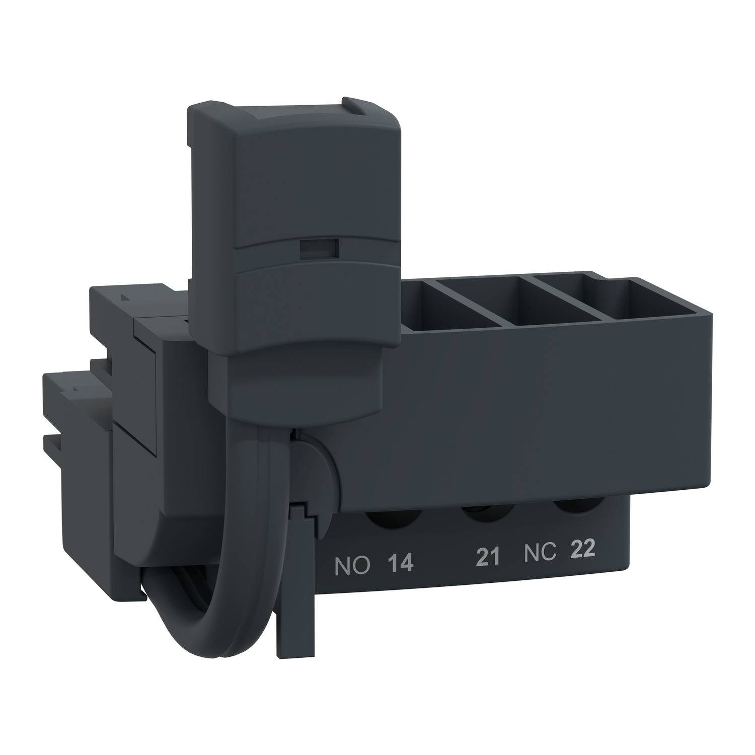 Un capteur magnétique noir avec des blocs de bornes. Il est étiqueté 'NO', '14', '21' et 'NC', '22'.