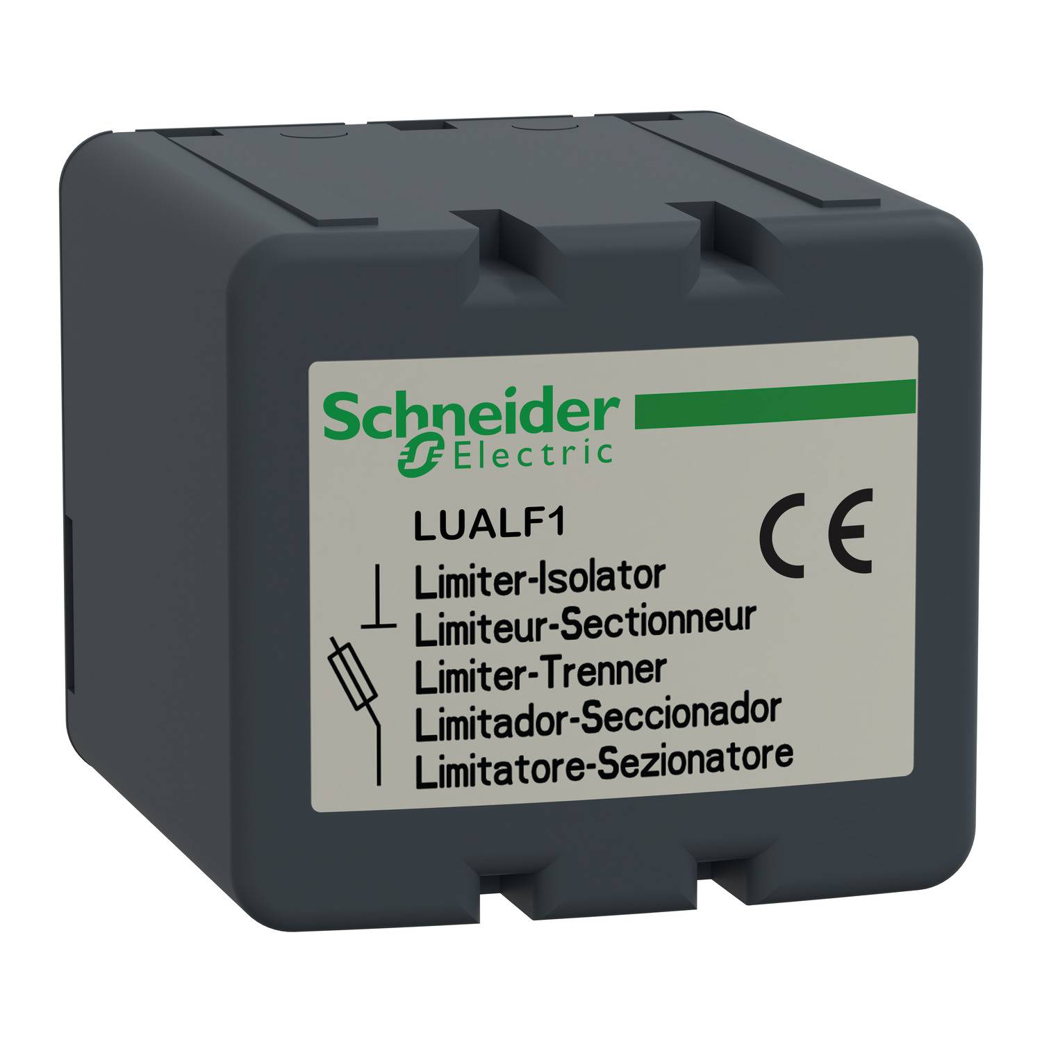 Appareil électrique noir de Schneider Electric portant l'inscription 'Limiteur-Trenner' et le marquage CE sur une étiquette.