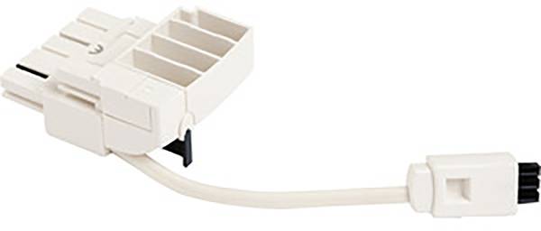 Un connecteur électrique blanc avec deux emplacements et un court câble.