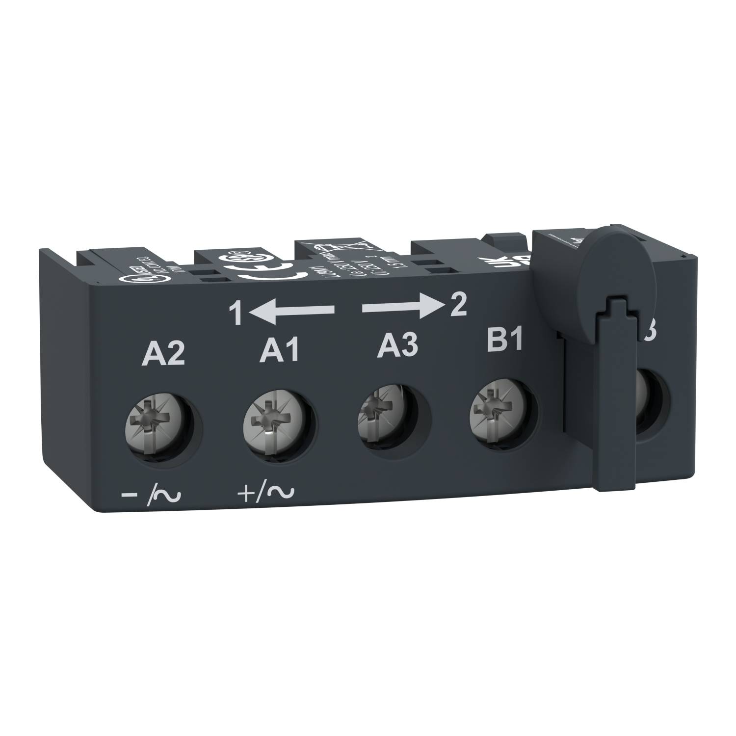 Barrette noire avec quatre bornes à vis, étiquetée 'A2', 'A1', 'A3', 'B1' et 'B3'. Des flèches indiquent les connexions.