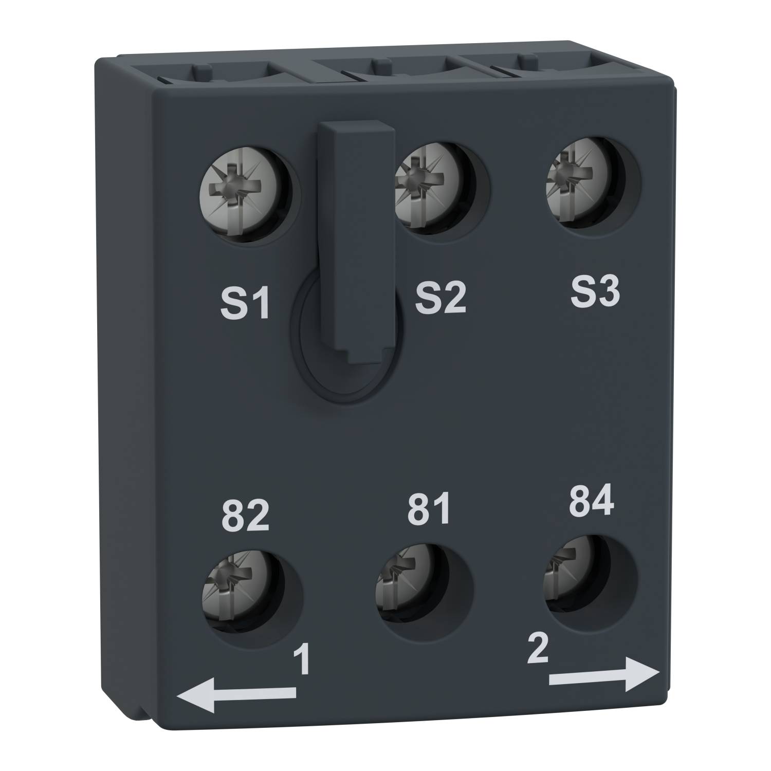 Bloc de connexion électrique gris avec six bornes à vis, étiqueté 'S1', 'S2', 'S3', '82', '81', '84', et des flèches vers '1' et '2'.