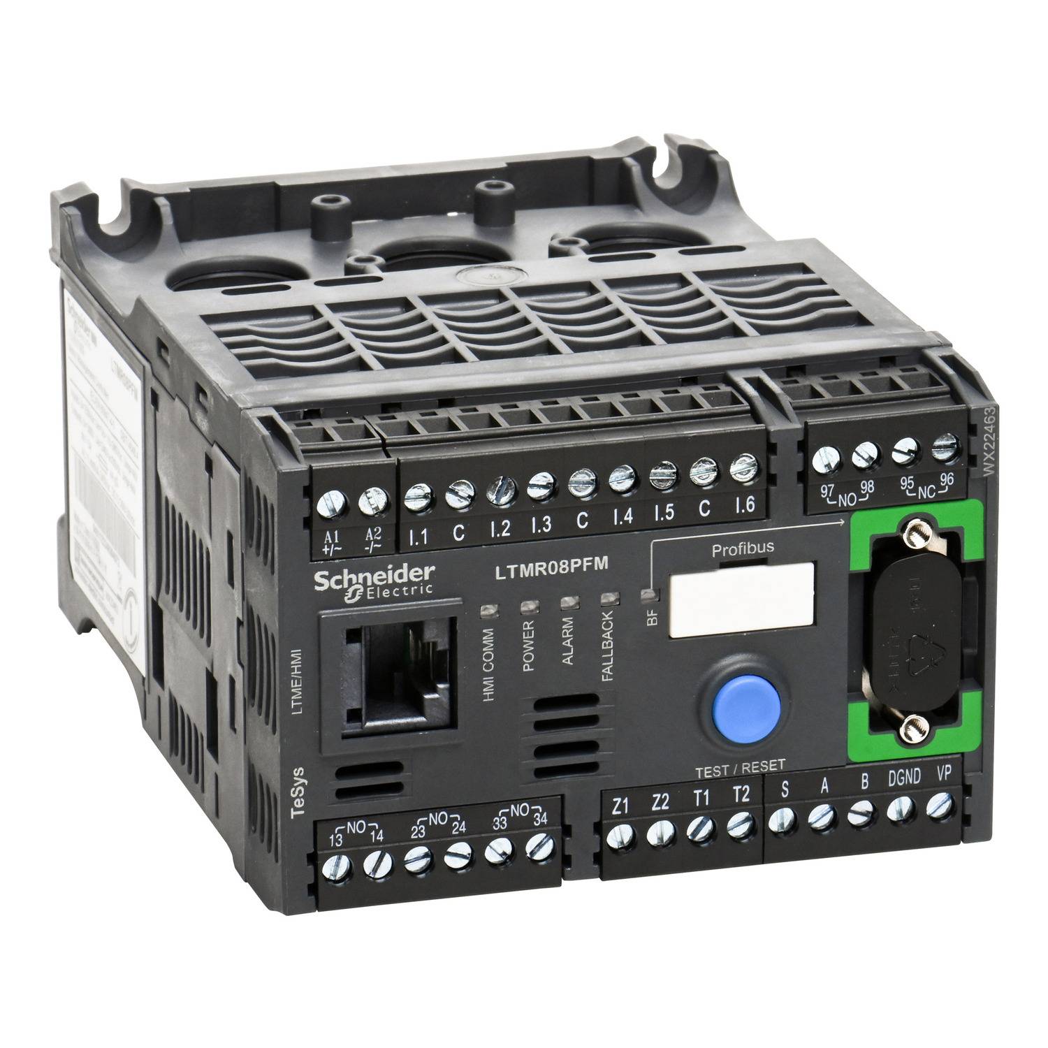 Un boîtier de commande électronique de Schneider Electric, modèle LTM R08PFM, avec des bornes de connexion et un interrupteur de test et de réinitialisation.