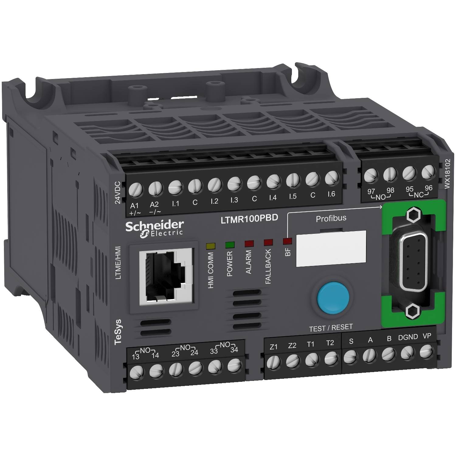 Un module de communication Modbus de Schneider Electric gris avec différents ports de connexion et des LED pour la surveillance et le contrôle.