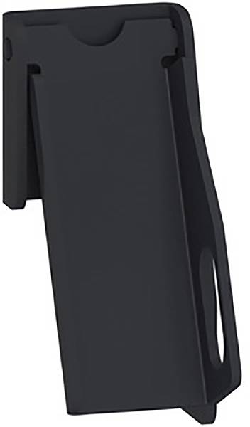 Pièce en plastique noir, rectangulaire, avec une zone plate et enfichable.