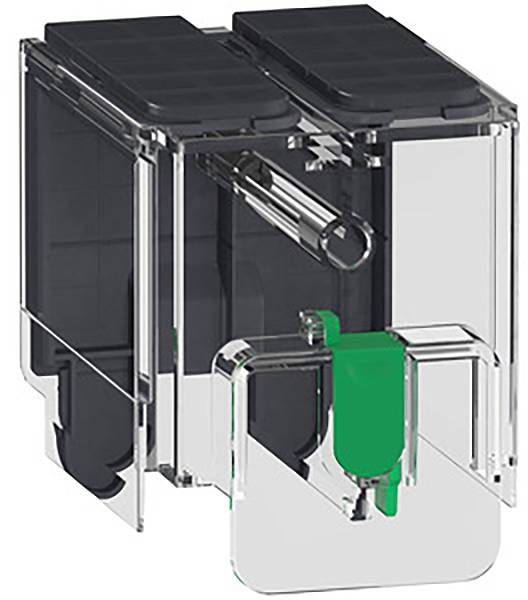 Récipient technique transparent, rectangulaire, muni de deux couvercles noirs et d'un composant vert au centre. Adapté pour l'intégration dans des machines.