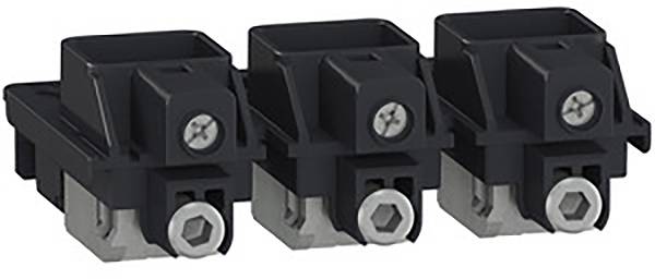 Trois bornes électriques noires avec connexions à vis, disposées côte à côte en ligne, sur un fond blanc.
