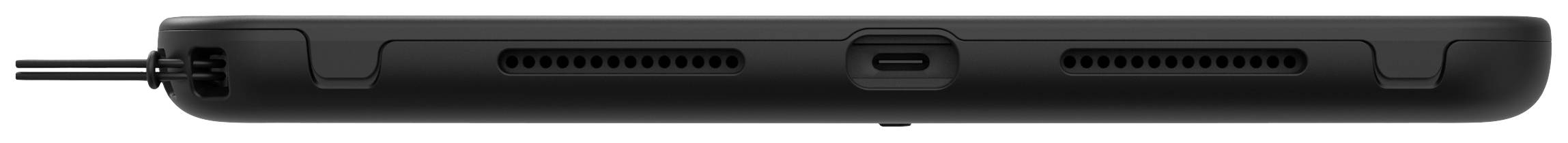 Appareil électronique noir, probablement une tablette ou une console, vu de côté. Deux fentes de ventilation et un câble de charge central visibles.