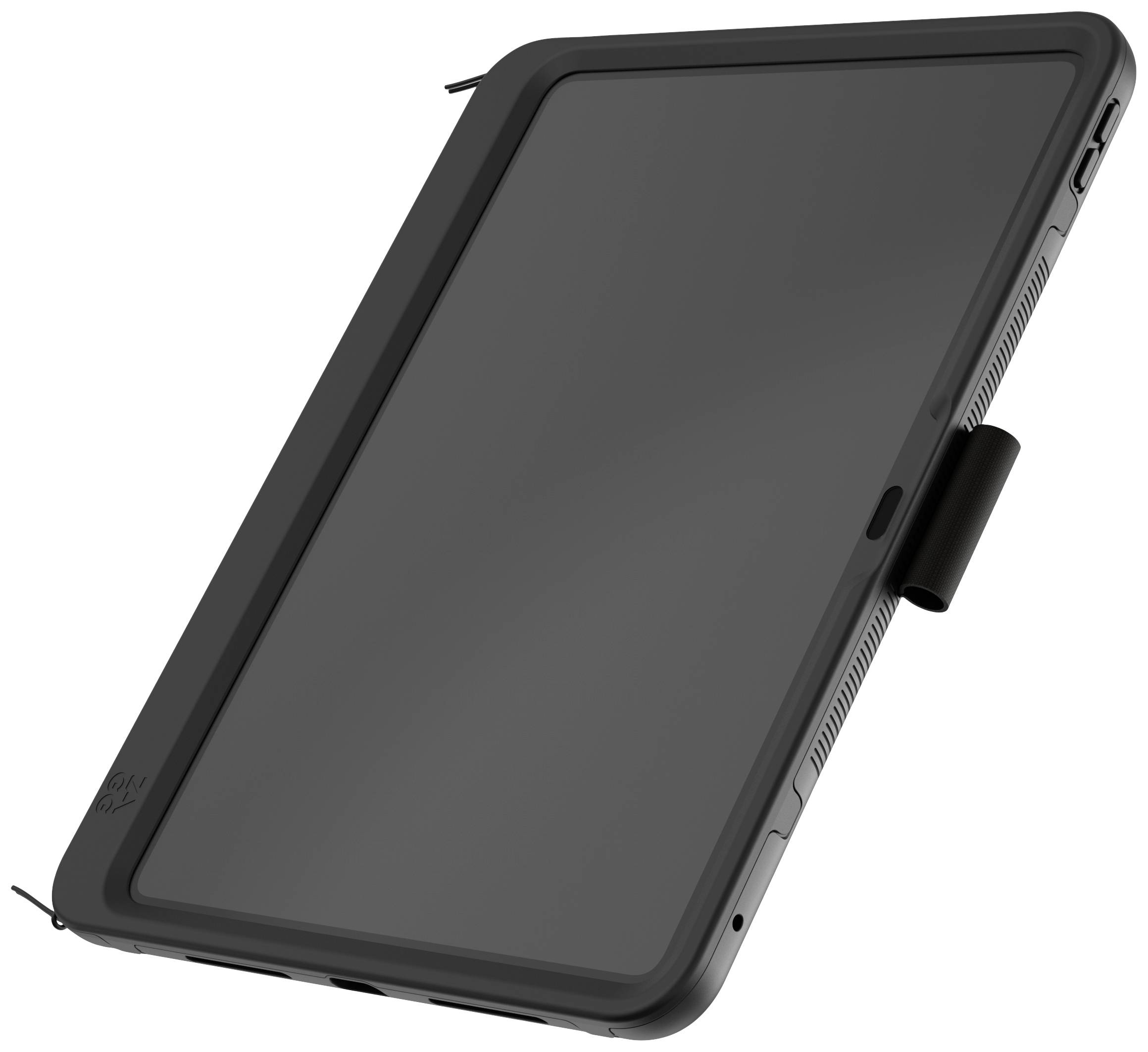 Une tablette avec un étui noir robuste, vue en légère perspective. Elle a des coins protégés et un support pour stylet.