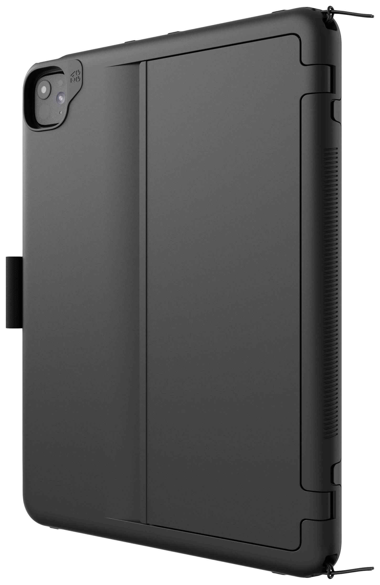 Tablette noire avec étui de protection, ouverture de la caméra en haut à gauche, fonction de support latéral visible.