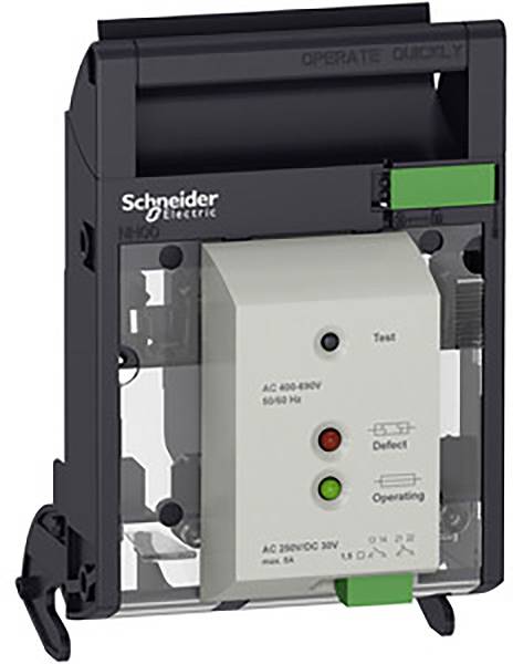 Interrupteur électrique de Schneider Electric avec trois voyants LED colorés pour Test, Défaut et Fonctionnement. Forme rectangulaire, gris foncé et blanc.