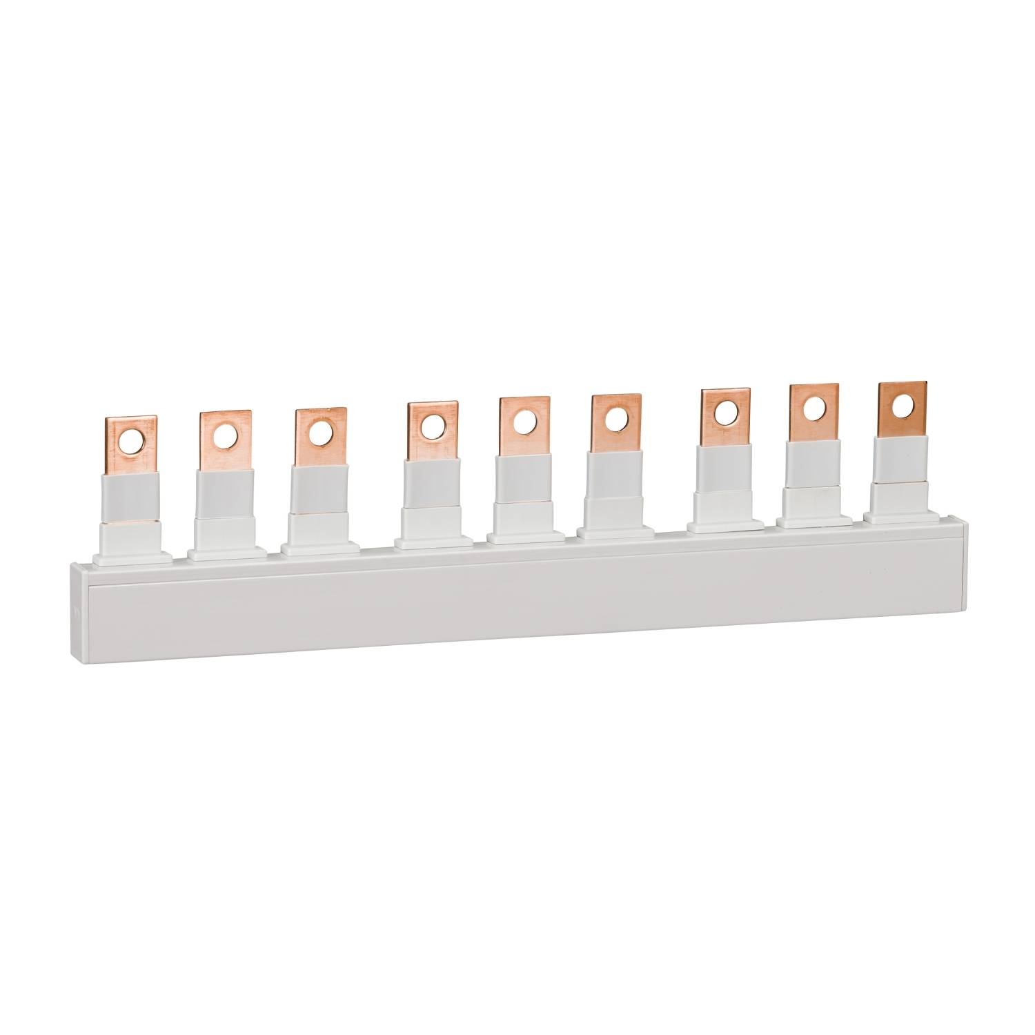 Un connecteur de rail de phase blanc avec huit broches en cuivre disposées à intervalles réguliers.