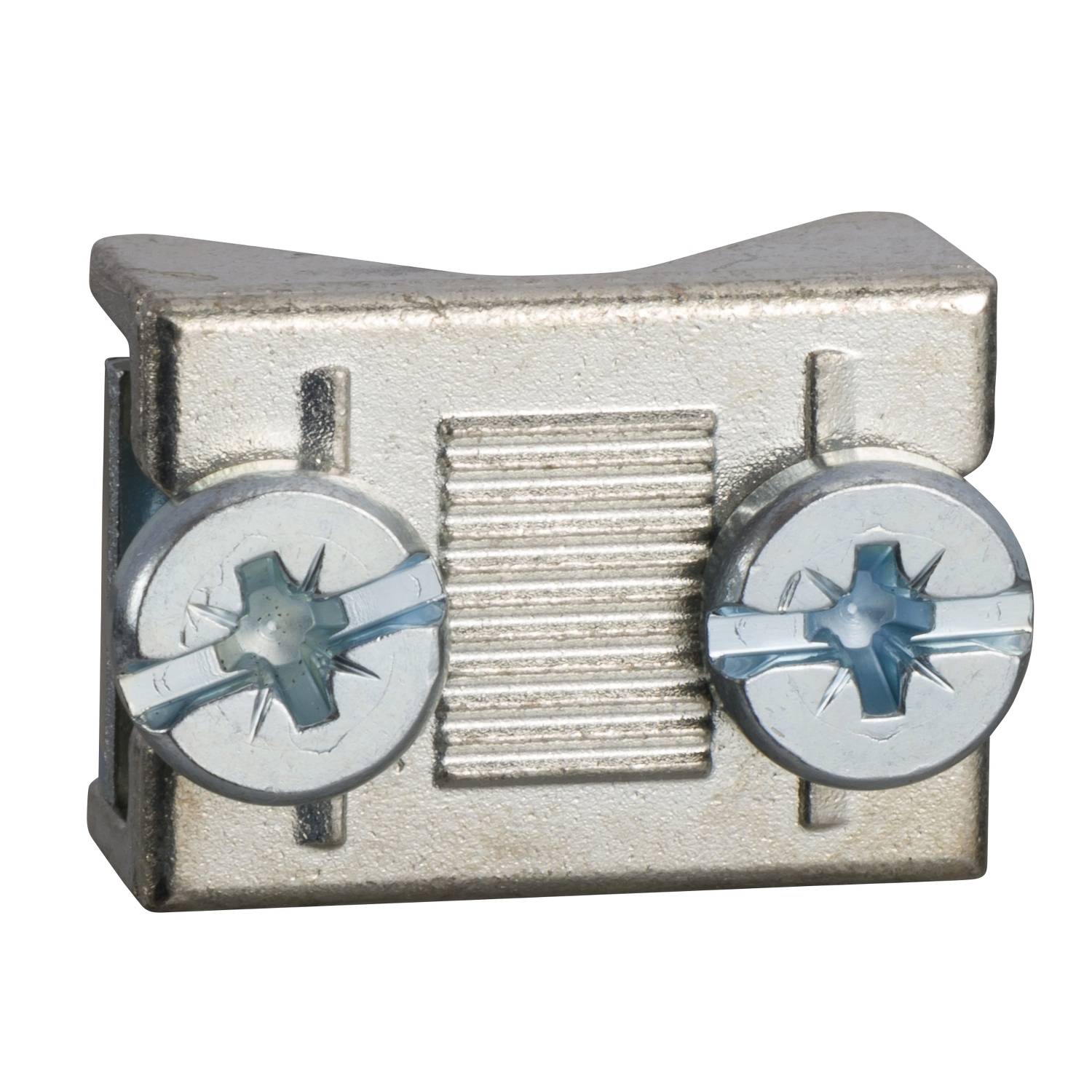 Ferrure métallique avec deux vis permettant de connecter des panneaux de bois, couramment utilisée dans le montage de meubles.