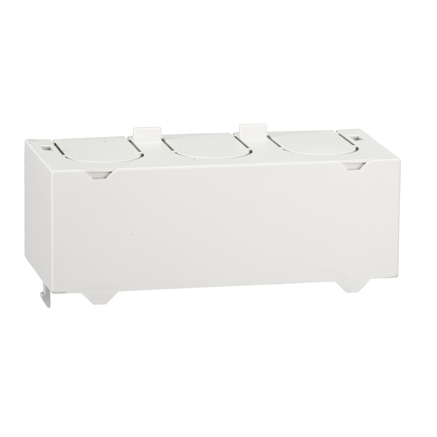 Un boîtier en plastique blanc, rectangulaire, avec trois couvercles ronds sur le dessus. Application possible en électrotechnique.