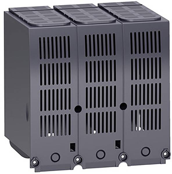 Un module électronique gris foncé en trois parties, doté de grilles de ventilation sur la façade, adapté aux applications techniques.