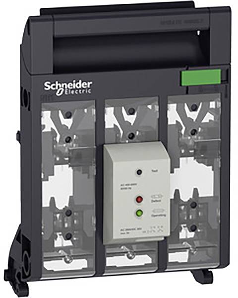 Un disjoncteur électrique de Schneider Electric avec trois chambres de coupure et des indicateurs de contrôle pour l'état de fonctionnement.