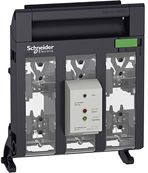 Disjoncteur électrique de Schneider Electric, noir, avec témoins lumineux et étiquetage.
