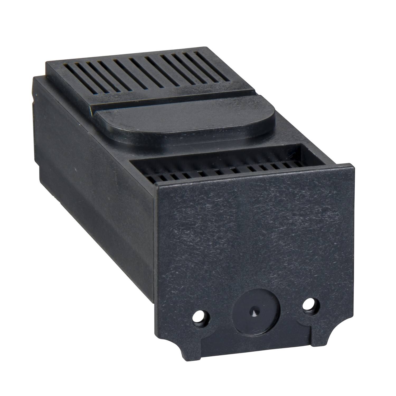 Un boîtier en plastique noir rectangulaire avec des fentes de ventilation et des points de connexion ouverts, adapté aux modules électroniques.