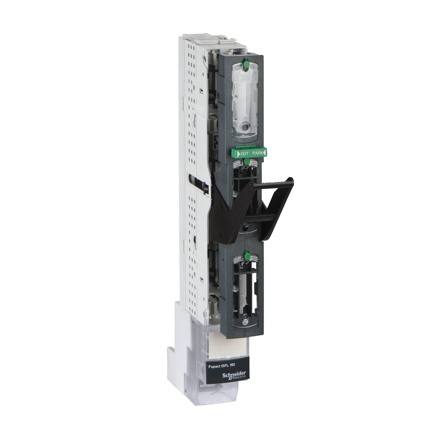 Composant électrique individuel de Schneider Electric, positionné verticalement sur un fond blanc. L'appareil présente des interrupteurs et des connexions.